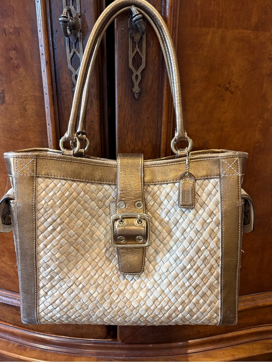 Coach Handbags - Coach Cream Woven Tote with Metallic Gold Trim